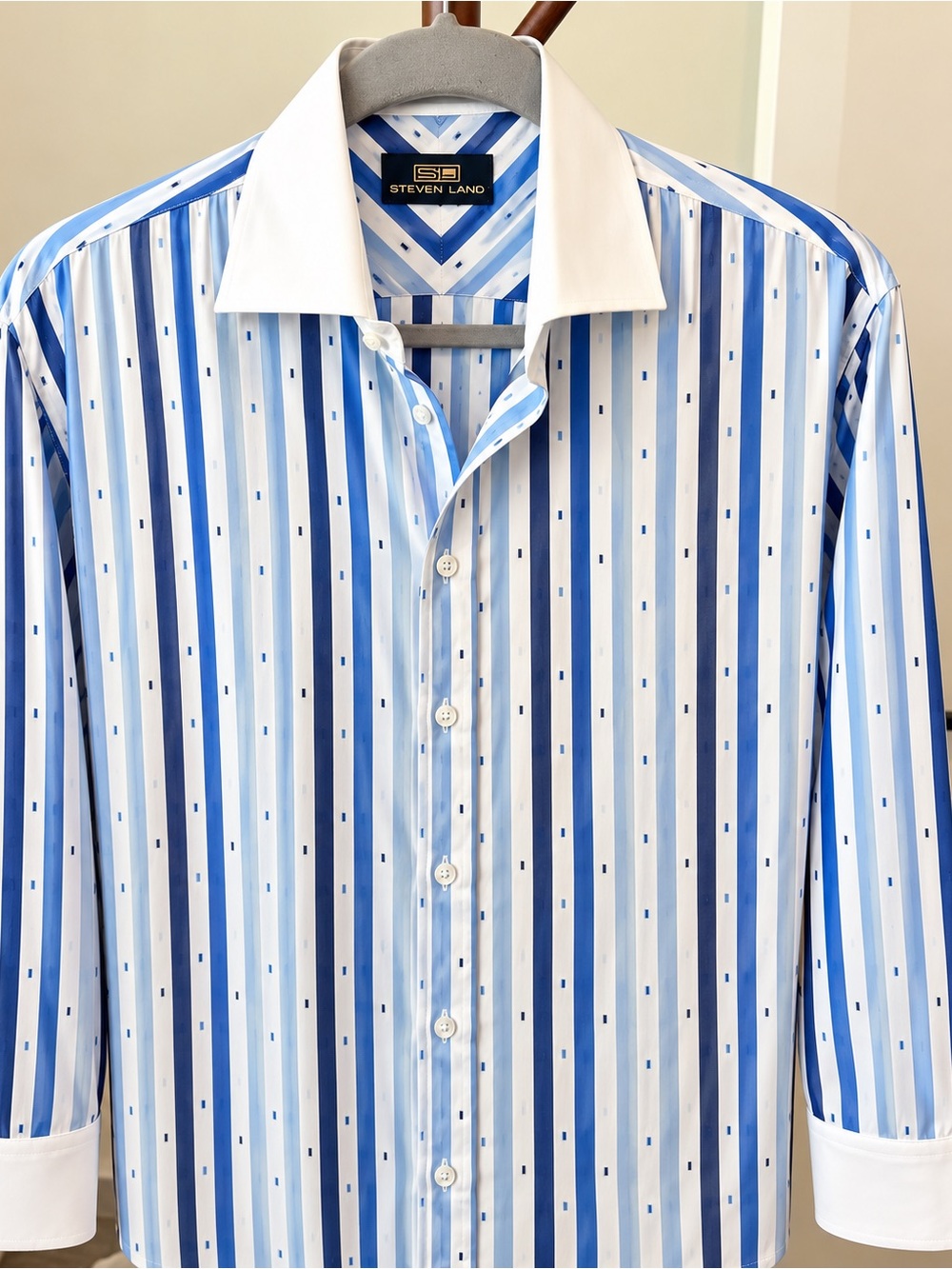 Steven Alan Blue Multi-Stripe Dress Shirt with White Contrast Collar